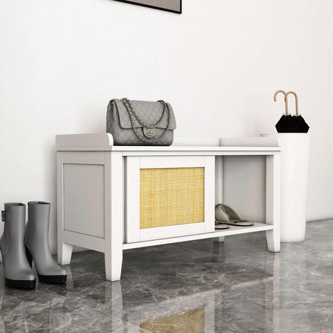 Schuhschrank mit Sitzbank und 2 Türen, Rattan-Cannage-Stil, Tragkraft 130 kg, für Flur, 80 x 35 x 45 cm, Weiß und Natur