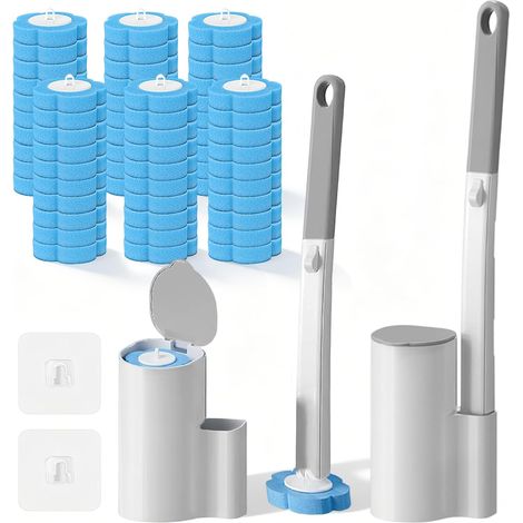 Brosse WC jetable, Brosse Toilette sans Perçage avec Support Murale et 60 Têtes de Rechange, Manche Long en ABS pour Nettoyer Toilette Salle de Bain (1/5)