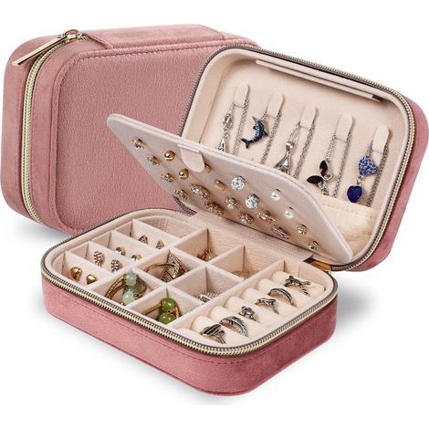 Boîte à bijoux en velours, petite boîte à bijoux de voyage, boîte de rangement de bijoux de voyage portable pour femmes et filles (rose) (1/5)