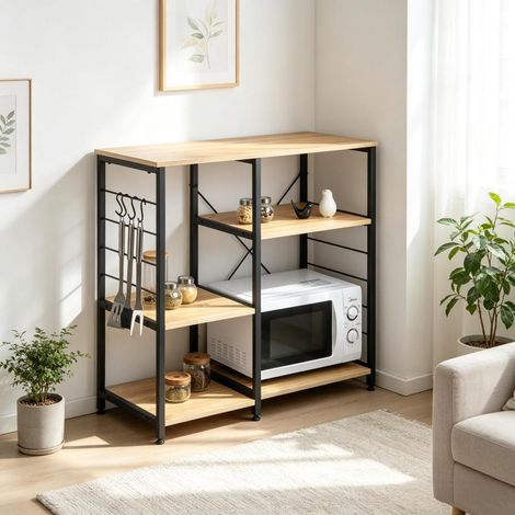 Étagère métal et bois 5 niveaux, meuble de rangement cuisine pour micro-ondes et accessoires, pour cuisine ou entrée (1/4)