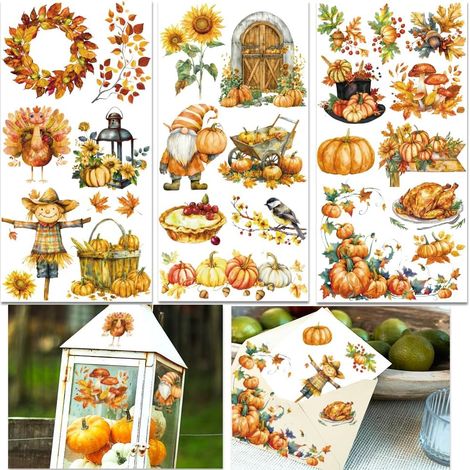 Lot de 3 feuilles de décalcomanies de Thanksgiving à frotter pour meubles, motif citrouille, dinde, 15,2 x 30,5 cm, autocollants imperméables pour décoration d'intérieur (1/5)
