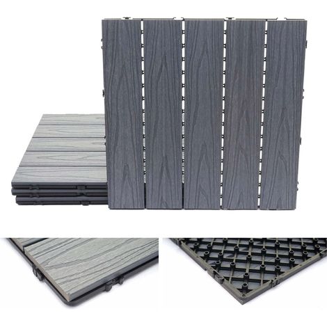 Carreaux en WPC, HWC-E21, aspect bois pour terrasse, structure 3-D, enduit gris - 4 carreaux à 50x50 cm - 1 m²