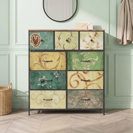 Commode 9 tiroirs, tiroirs tissu, cadre mĂ©tallique, imprimĂ©s floraux colorĂ©s, style rĂ©tro, meuble de rangement pour chambre et salon, Multicouleur (1/5)