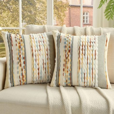 Lot de 2 Boho Housse de Coussin 45x45, Housse de Coussin Décorative à Rayures avec Texture Touffetée Douce, Douillet Taie d'oreiller Moderne pour Canapé Chambre Chaise Lit, Jaune (1/5)