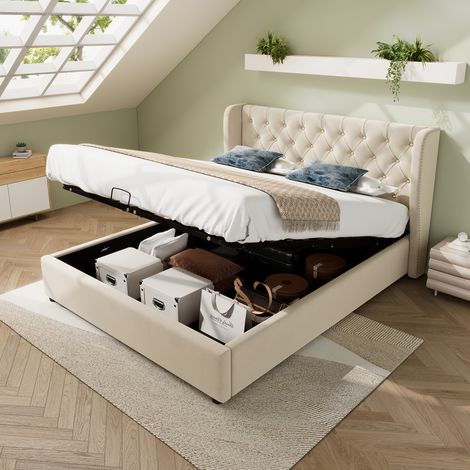Upholstered bed, with hydraulic lever, functional bed from storage, 135 x 190 cm, without mattress, velvet, beige (1/5)