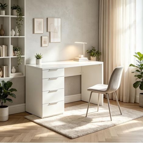 Scrivania 110x61,5x75 cm in truciolare bianco lucido, 4 cassetti, salvaspazio – MEUBLIV (1/5)