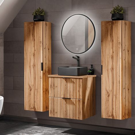 Badmöbel Set Wotaneiche mit Rillenoptik 60 cm Waschtisch-Unterschrank mit Keramik Waschbecken 2 Hochschränke LED-Spiegel (1/5)
