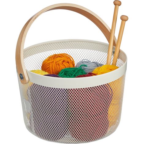 Relaxdays Corbeille en métal, ronde, panier de rangement aspect maille et bois, organiser cuisine, salle de bain, blanc