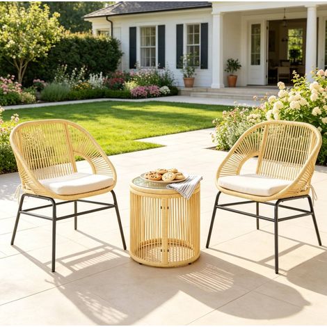 Set lounge da balcone 63x73x81 cm, 2 poltrone con cuscini spessi e tavolo rotondo, acciaio vetro temperato beige (1/5)