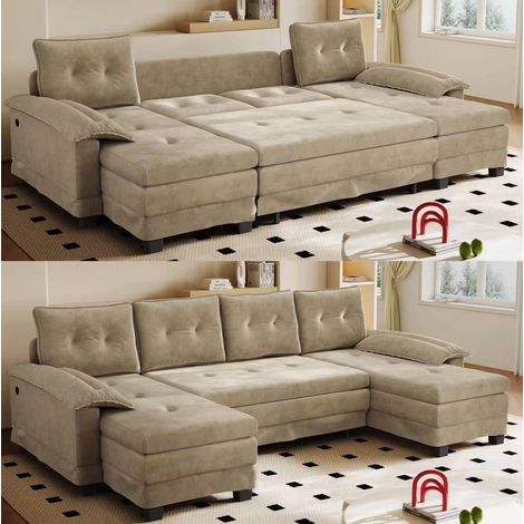 Sofá cama en U de 4 plazas con cama nido y puertos USB, 278 x 127 cm, camel DESVIAE (1/5)