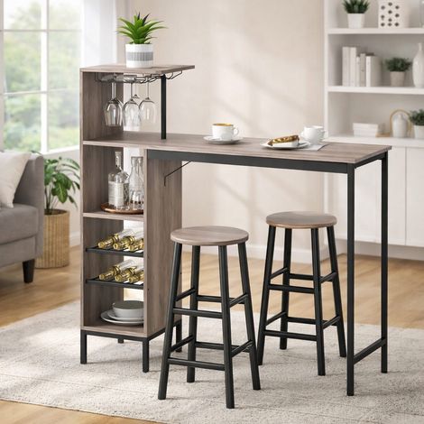 Bar table 121.5x40 cm avec rangements, porte-bouteilles, porte-verres et 2 tabourets gris, style industriel (1/5)