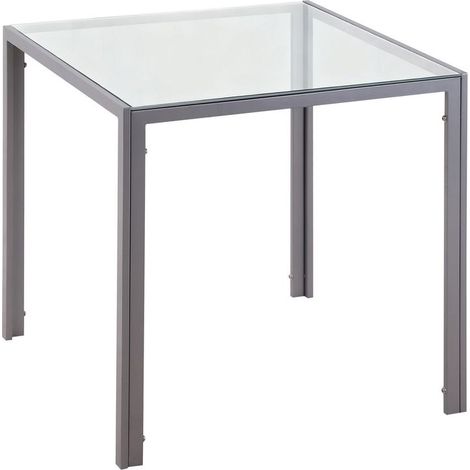 Table grise en verre 75x75x75 cm avec pieds en métal pour 4 places, design moderne pour salon et salle à manger lumineuse