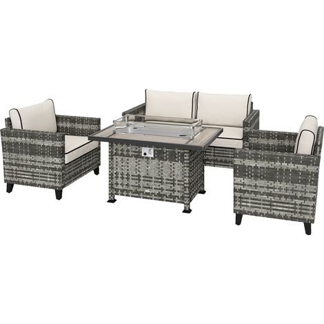5-Piece Rattan Patio Furniture Set Gas Fire Pit Table, Loveseat Sofa, Armchairs, Cushions, Pillows, Grey (1/5)