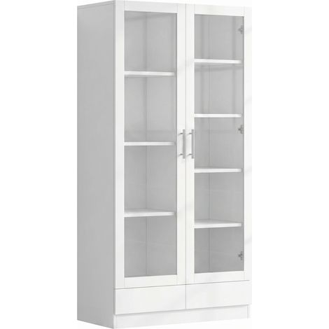 Vitrinenschrank aus MDF und Glas, weiß, 80 x 40 x 160 cm, mit 2 Schubladen MODENUIT (1/5)