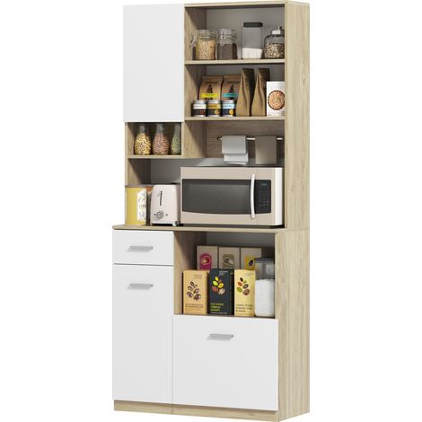 Meuble de rangement en bois avec tiroir, 3 placards et 4 étagères ouvertes, 80 x 35 x 180 cm, blanc (1/5)