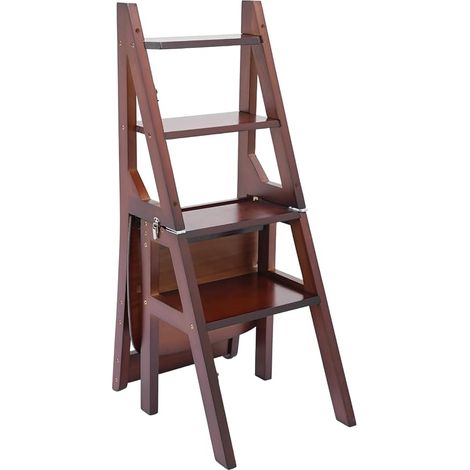 WooDerson Escabeau pliable à 4 marches en bois massif - Échelle pliable en bois - Support de fleurs multifonction et tabouret pliant - Charge maximale : 100 kg (marron noyer) (1/5)