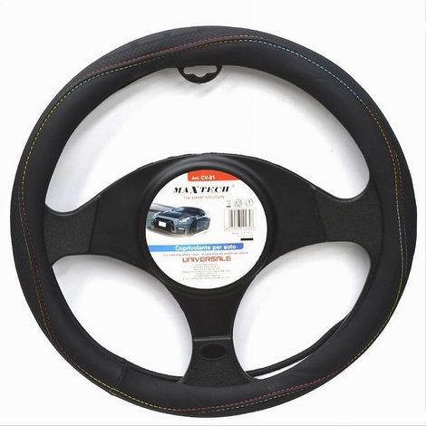 TRADE SHOP - Coprivolante Universale Auto Fodera Sterzo 38cm Nero Con Cuciture Colorate Cv-21 - (1/2)