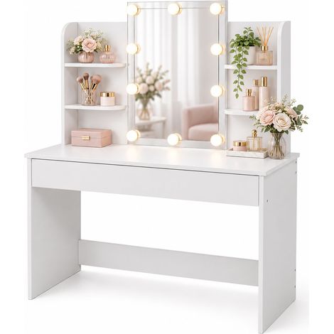 Relaxdays Dressing Table with Hollywood Mirror, Lighting, Drawer, HxWxD: 140 x 108 x 40 cm, Dressing Table, White (1/5)