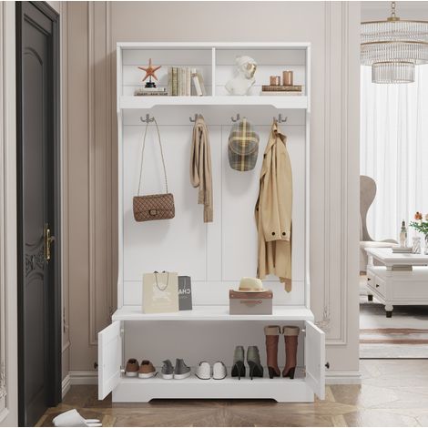 MEUBLIV Meuble d'entrée blanc 101,5x47x183 cm – banc, 4 crochets et rangement (1/5)