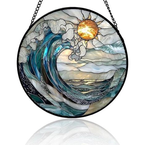 Décoration de fenêtre en acrylique à suspendre - Vagues bleues - Attrape-soleil - Style bohème - Décoration de fenêtre à suspendre toute l'année - Attrape-lumière moderne - Pour salon, jardin, fenêtre (1/5)
