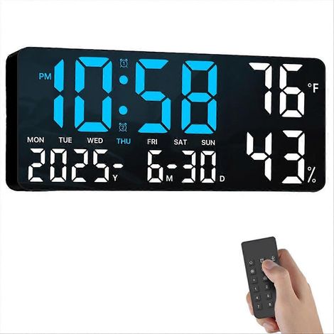 Horloge murale numérique grand format de 13,8 pouces avec télécommande, double alarme, grand écran LED, veilleuse, hygromètre, date et jour de la semaine. (1/5)