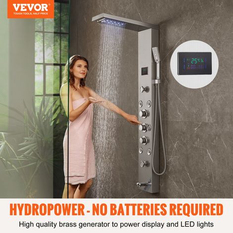 Système de Panneau de Douche avec 6 Modes, Tour de Panneau de Douche Hydroélectrique LED Écran, Pluie, Cascade, 8 Jets de Massage, Bec de Baignoire et Pomme de Douche avec Tuyau, Salle de Bain (1/5)