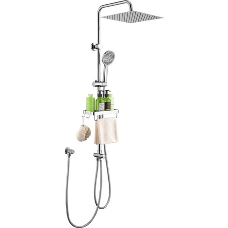 AIHOM Colonne de douche sans robinetterie, acier inoxydable système de douche avec barre de douche réglable hauteur, pommeau pluie 30x30 cm et étagère, Chromé