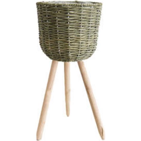 Panier de rangement tressé au sol avec pieds en bois, support pour pot de fleurs