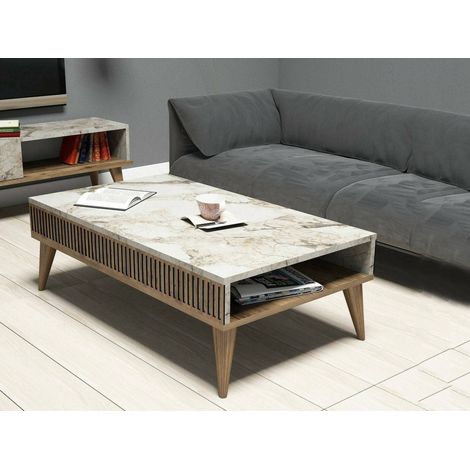 Dmora - Mesa de café Dgiovinc, Mesa de centro baja, Revistero para sofá, Estante de la sala de estar, 105x60h35 cm, Nogal y Blanco (1/4)