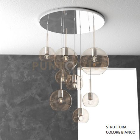 SOSP. BIANCO TONDA 8 LUCI VETRI (1 GRANDE+2 MEDIO +5 PICCOLO) TUTTI AMBRA 1155BI-S8 TMIX-AM