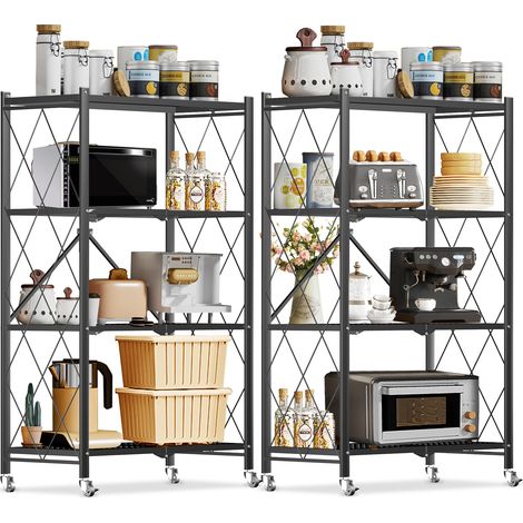 Ensemble de 2 Étagères de rangement- pliable de 3-4 niveaux avec roulettes- multifonctionnelle en Noir (1/5)