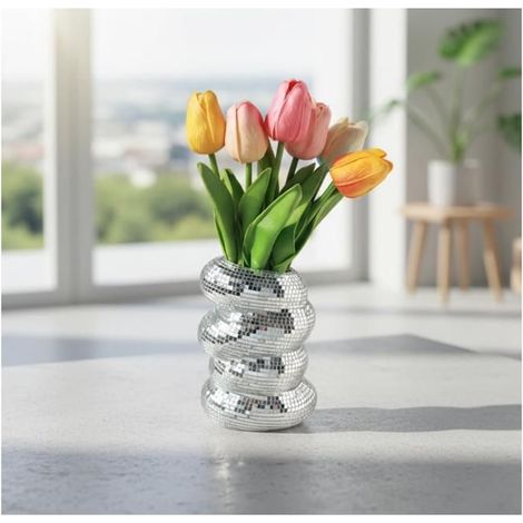 Vase boule disco, vase miroir argenté brillant de 15 cm, pot de fleurs original, porte-stylo, décoration de bureau pour la maison ou le bureau. (1/5)