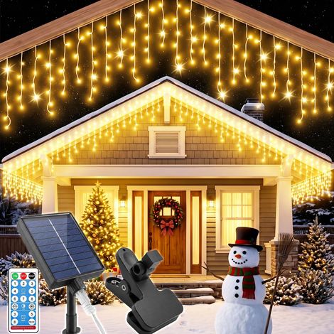 Guirlande lumineuse solaire en forme de pluie de glace - Blanc chaud - Avec USB - 240 LED - 11,8 m - 8 modes - Minuterie - Résistant aux intempéries - Avec télécommande - Pour gouttière