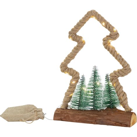 ECD Germany Albero di Juta con Illuminazione a LED 23x6,5x30 cm Albero di Natale Decorativo con 30 LED Bianco Caldo 3 Abeti Funzionamento a Batteria e Timer 6 ore Decorazione Natalizia Interna (1/5)