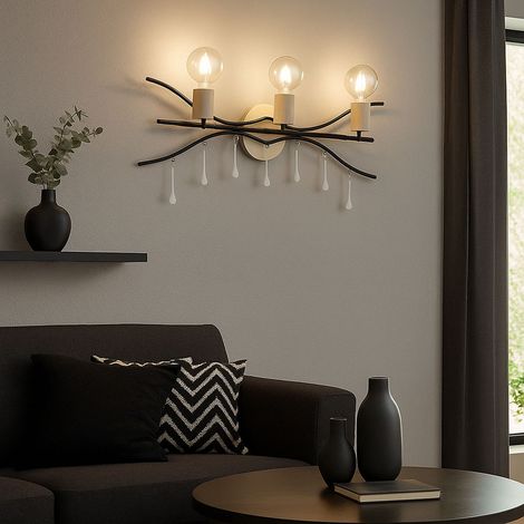 Wandleuchte Wohnzimmerleuchte Wandlampe Schlafzimmerlampe Esszimmerleuchte Flurlampe, Metall, Holz Glas satiniert schwarz Natur, 3 Flammig E27, B 76 cm