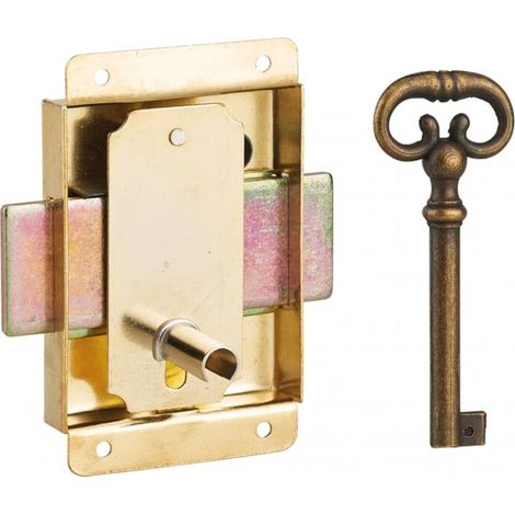 Serrure de meuble à pattes pour porte d'ameublement, 50mm, acier laitonné, 1 clé - (1/2)