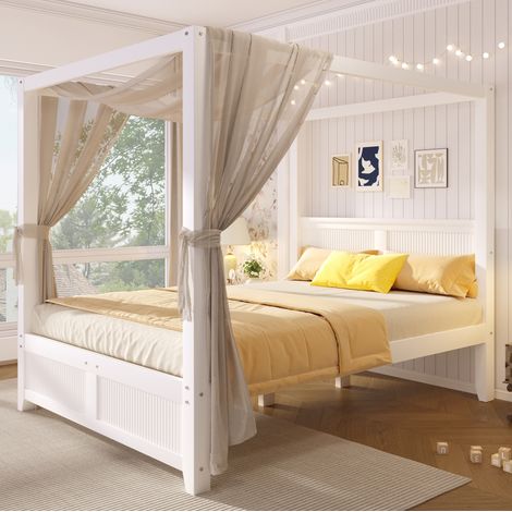 Cama con dosel 140x200 cm de madera y MDF blanco, estructura abierta, sin colchón – MEUBLIV (1/5)