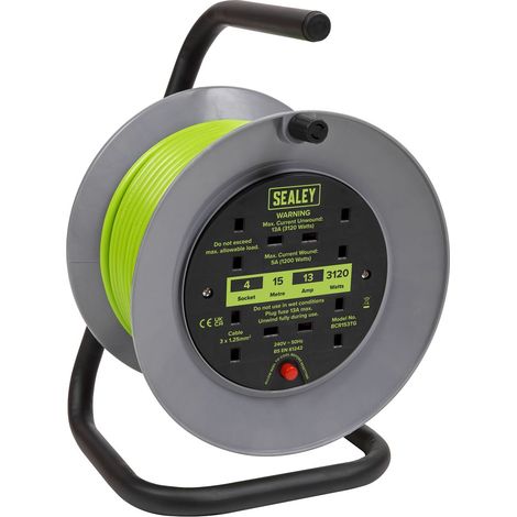 Sealey Cable Reel with Thermal Trip 4 x 230V 15m - Green BCR153TG