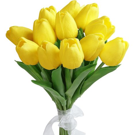 12 tulipes artificielles jaunes, fleurs artificielles en latex, bouquet de fleurs artificielles, fausses tulipes, fleurs artificielles exclusives-AquaForge (1/5)