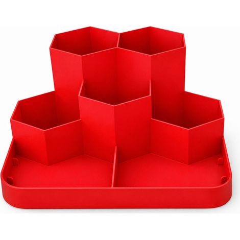 Organizador de escritorio rojo con 7 compartimentos para accesorios.