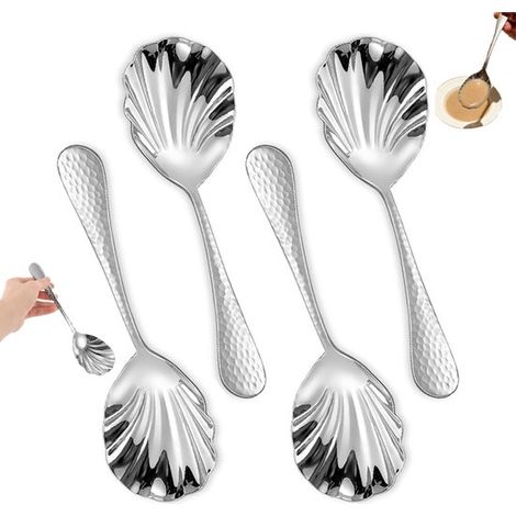 Ensemble de 4 cuillères de service : grandes cuillères de service, grandes cuillères en acier inoxydable, cuillères à soupe, cuillères à café en forme de coquillage, cuillères à texture martelée (1/5)