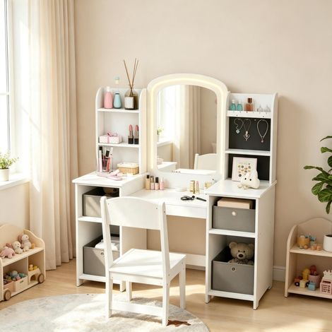 Kinderfrisiertisch mit LED-Spiegel, 6 Offenen Regalen, 4 Stofffächern und Hocker, MDF Weiß, 104×40×112 cm (1/5)