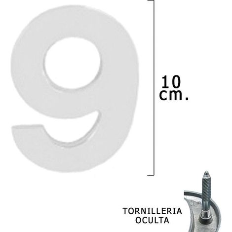 Numero Metal "9" Plateado Mate 10 cm. con Tornilleria Oculta (Blister 1 Pieza)