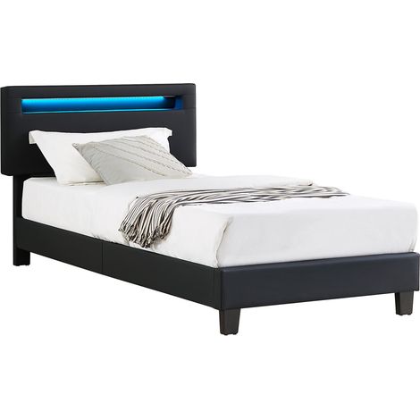 Idimex – Lit simple 90x190 cm avec sommier à lattes – Revêtement synthétique noir – Hauteur tête de lit réglable 91-101 cm – Éclairage LED intégré (1/4)
