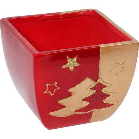 Couvercle en céramique de Noël, rouge, 2 sapins de Noël, 14 cm de côté (1/3)