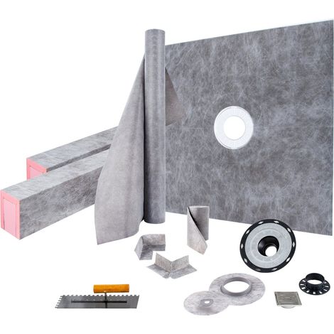 Kit de seuil de douche étanche 48"x48", avec bride centrale PVC 4", grille inox 4", 2 seuils découpables et truelle, pour salle de bain. (1/5)
