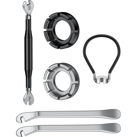 Kit de herramientas de seis piezas para radios de bicicleta, que incluye 2 kits para desmontar neumáticos. (1/2)