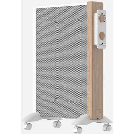 Fabrilamp Radiador de Mica BADIN 1500W Blanco/Madera – 3 Elementos, 2 Potencias, Termostato, Antivuelco, Ruedas y Recogecable, Diseño Madera – 63x44x27 cm