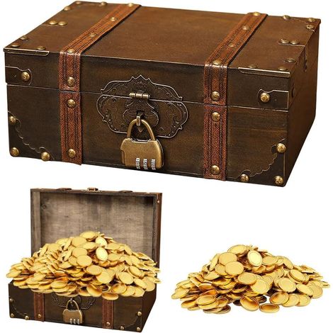 Coffre Au Trésor En Bois Vintage, Petit Coffre Au Trésor Vintage Pirate Avec Cadenas, Vintag Coffr Au TréSor De Pirate, Boi Coffr Au TréSor En Bois Pour Ranger Décorer (24x16x10cm) (1/5)