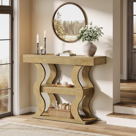 Tribesigns 41.34-Inches Small Console Table for Entryway, 3-Tier Narrow Wood Sofa Table Behind The Couch with Storage Shelves and Curved Frame for Living Room, Hallway, Foyer, Entrance, Brown (1/5)